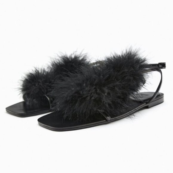 NWT Zara black feather accented flat strap up sandals, EU 36 - Picture 5 of 14